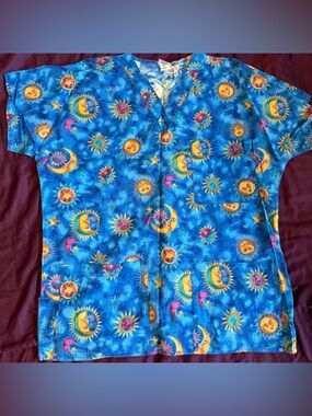 Celestial Sun & Moon Blue Scrub Top